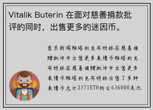 Vitalik Buterin 在面对慈善捐款批评的同时，出售更多的迷因币。